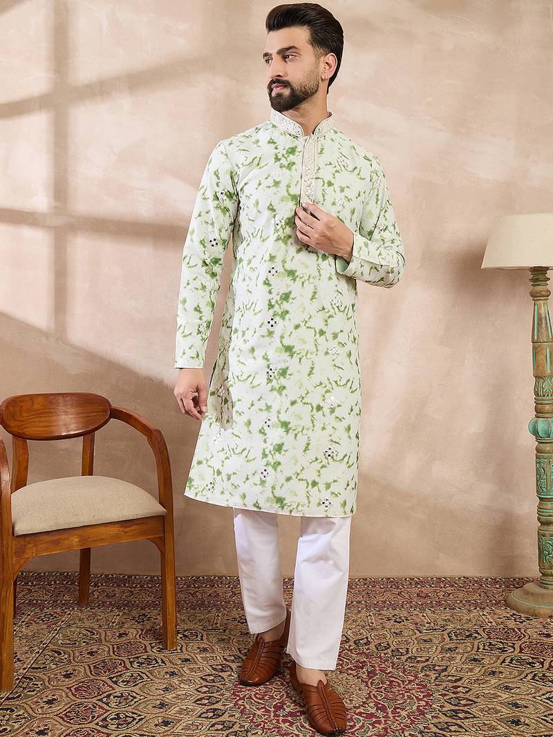 Men green silk blend solid embroidered straight kurta