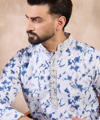 Men blue silk blend solid embroidered straight kurta 1