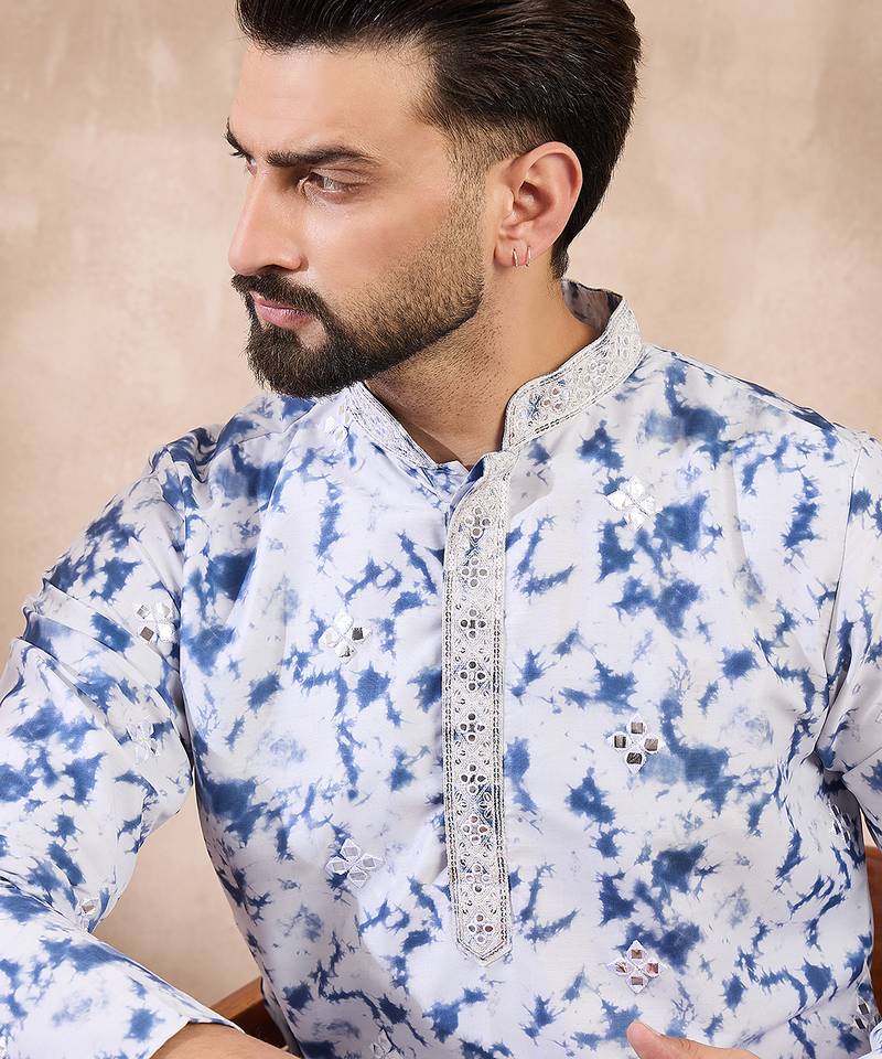 Men blue silk blend solid embroidered straight kurta