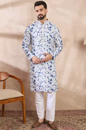 Men blue silk blend solid embroidered straight kurta