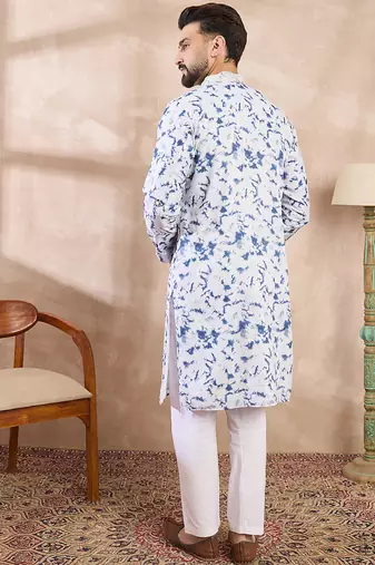 Men blue silk blend solid embroidered straight kurta