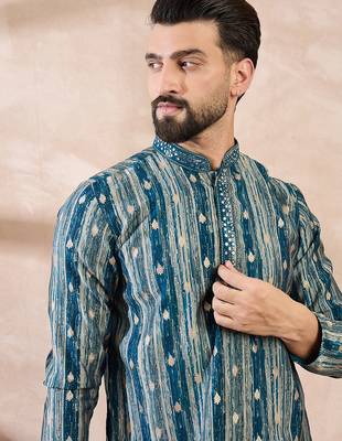 Men turquoise blue silk blend abstract printed straight kurta 1