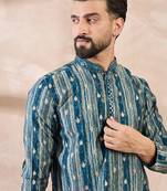 Men turquoise blue silk blend abstract printed straight kurta