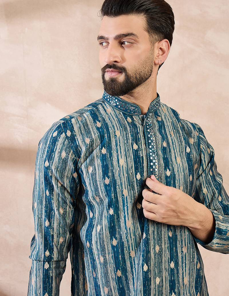 Men turquoise blue silk blend abstract printed straight kurta
