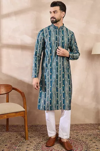 Men turquoise blue silk blend abstract printed straight kurta