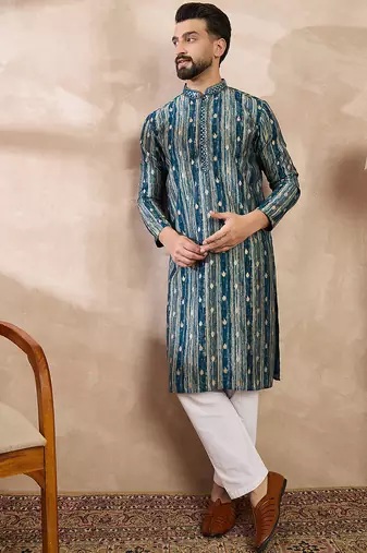 Men turquoise blue silk blend abstract printed straight kurta