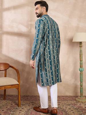 Men turquoise blue silk blend abstract printed straight kurta 4