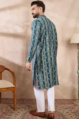 Men turquoise blue silk blend abstract printed straight kurta