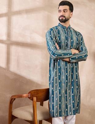 Men turquoise blue silk blend abstract printed straight kurta 5