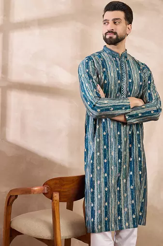 Men turquoise blue silk blend abstract printed straight kurta