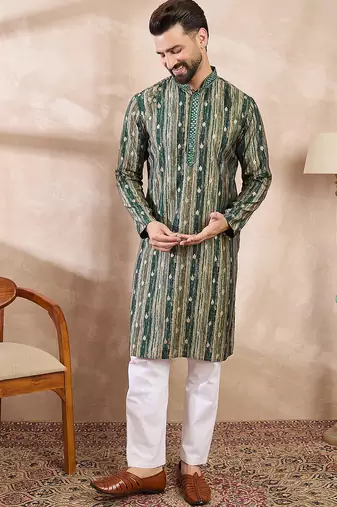 Men green silk blend abstract printed straight kurta
