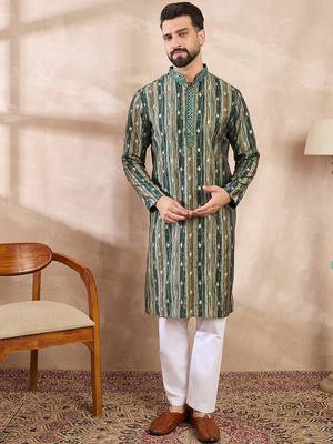 Men green silk blend abstract printed straight kurta 5