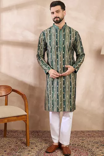 Men green silk blend abstract printed straight kurta