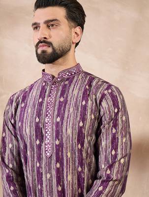 Men purple silk blend abstract printed straight kurta 1