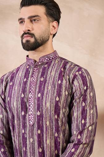 Men purple silk blend abstract printed straight kurta