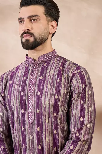 Men purple silk blend abstract printed straight kurta