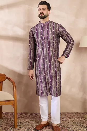 Men purple silk blend abstract printed straight kurta