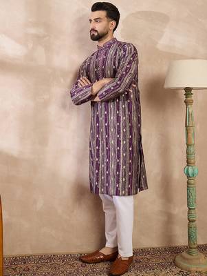 Men purple silk blend abstract printed straight kurta 3