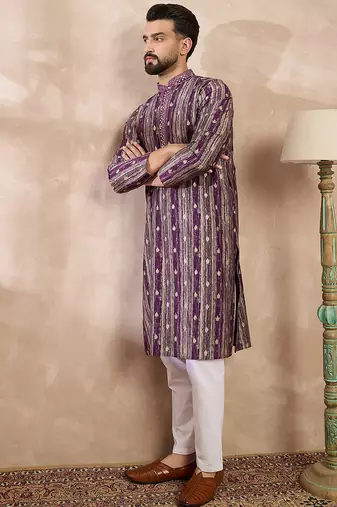 Men purple silk blend abstract printed straight kurta