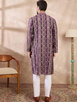 Men purple silk blend abstract printed straight kurta 4