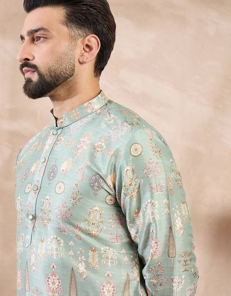 Men green silk blend floral printed straight kurta