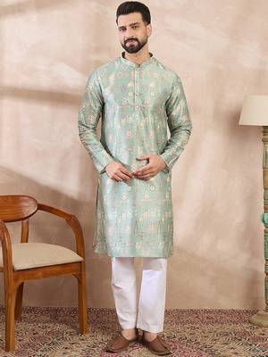 Men green silk blend floral printed straight kurta 3