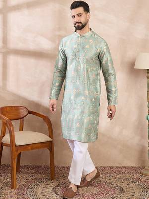 Men green silk blend floral printed straight kurta 1