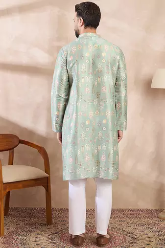 Men green silk blend floral printed straight kurta