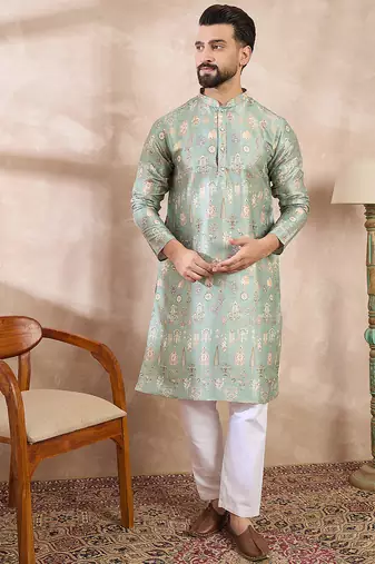 Men green silk blend floral printed straight kurta