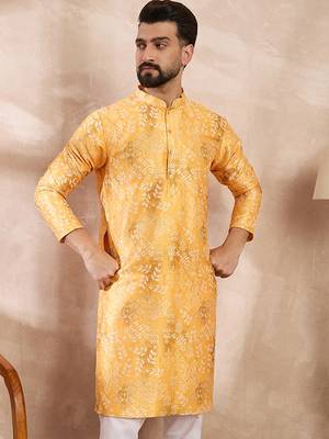 Men yellow silk blend ethnic motifs printed straight kurta 2