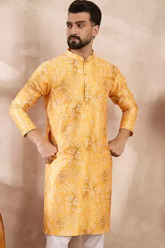 Men yellow silk blend ethnic motifs printed straight kurta