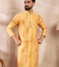 Men yellow silk blend ethnic motifs printed straight kurta