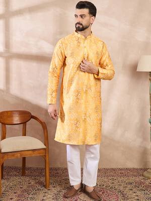 Men yellow silk blend ethnic motifs printed straight kurta 3