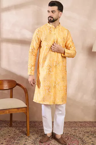 Men yellow silk blend ethnic motifs printed straight kurta