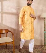 Men yellow silk blend ethnic motifs printed straight kurta