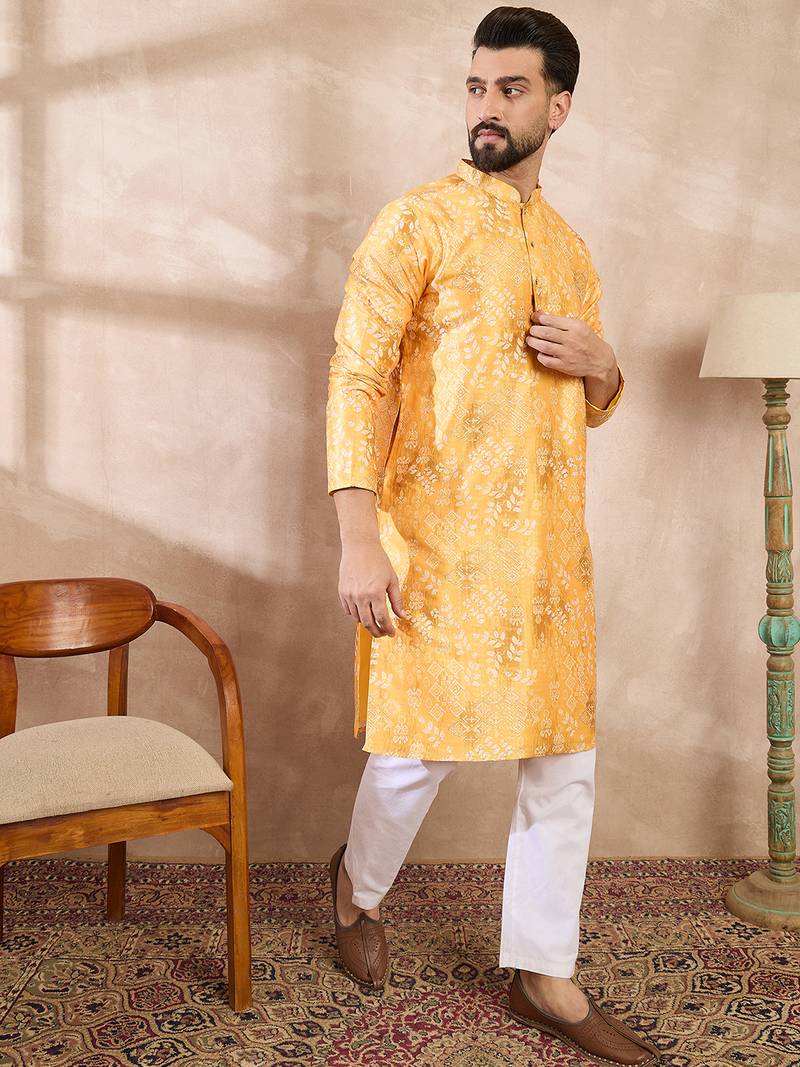 Men yellow silk blend ethnic motifs printed straight kurta
