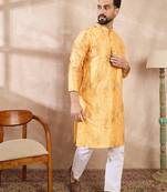 Men yellow silk blend ethnic motifs printed straight kurta