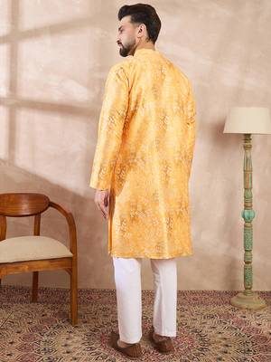 Men yellow silk blend ethnic motifs printed straight kurta 4