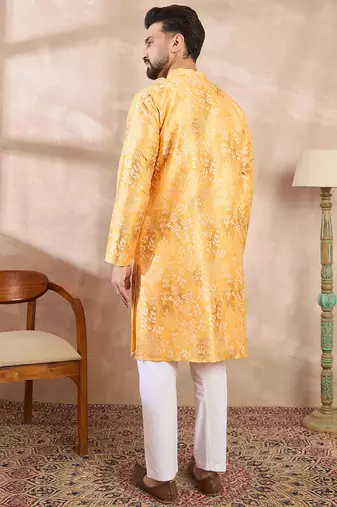 Men yellow silk blend ethnic motifs printed straight kurta