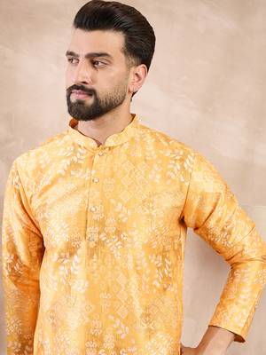 Men yellow silk blend ethnic motifs printed straight kurta 5