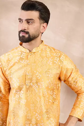 Men yellow silk blend ethnic motifs printed straight kurta