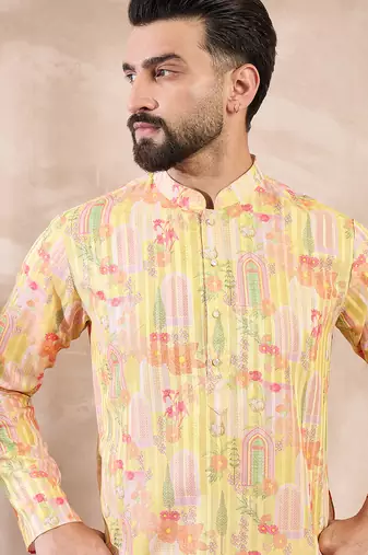 Men yellow silk blend abstract printed straight kurta