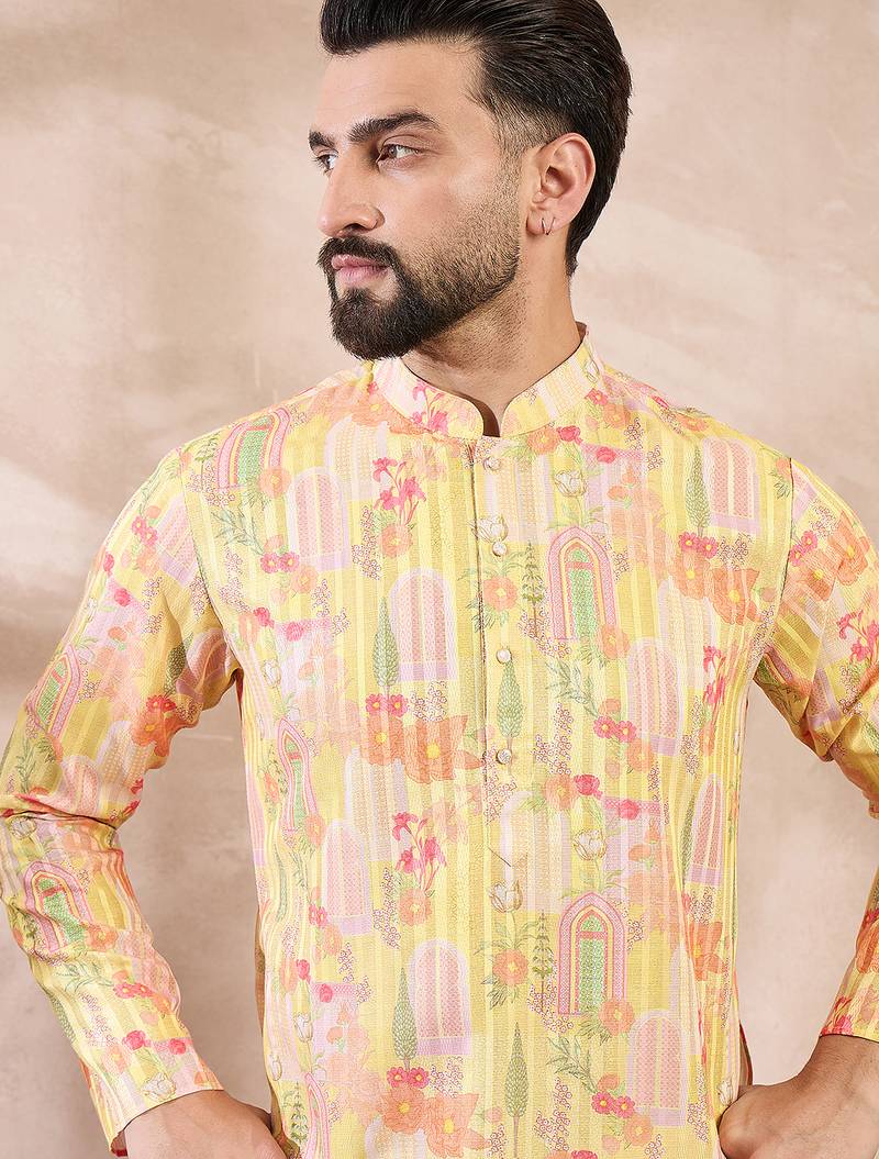 Men yellow silk blend abstract printed straight kurta