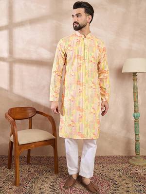 Men yellow silk blend abstract printed straight kurta 1