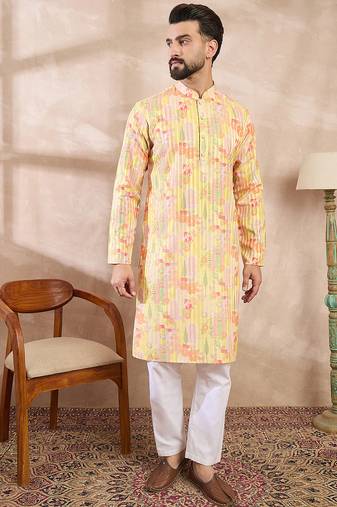 Men yellow silk blend abstract printed straight kurta