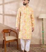 Men yellow silk blend abstract printed straight kurta