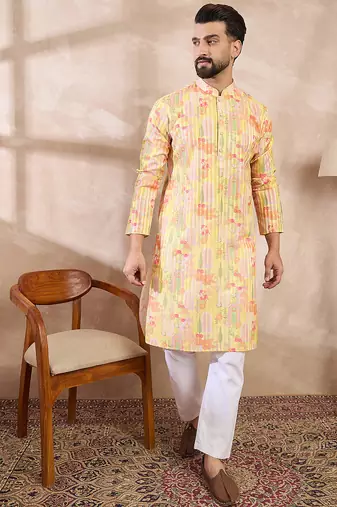 Men yellow silk blend abstract printed straight kurta