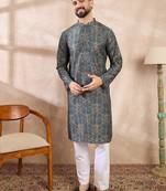 Men black silk blend floral printed straight kurta