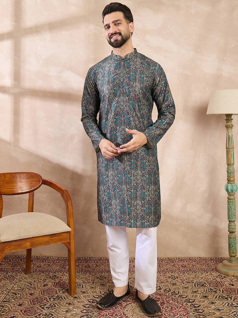 Men black silk blend floral printed straight kurta