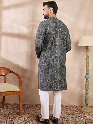 Men black silk blend floral printed straight kurta 4